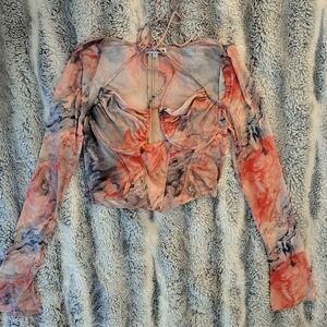 Sheer Tie-Back Long Sleeve Crop Top in Multicolor Marble Print